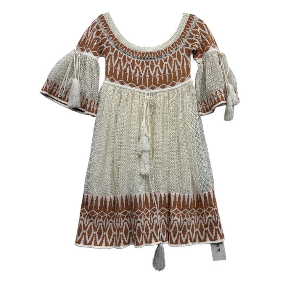 Romy Kobo Adina Mini Dress Geometric Knit Bell Sleeve‎ Tassel Boho Festival